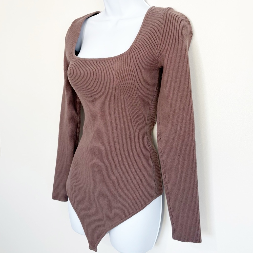 ABERCROMBIE & FITCH Ribbed Square Neck Bodysuit Mocha Brown Long Sleeve Large - Picture 2 of 10